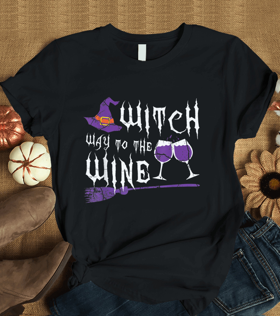 Witch Way To The Wine Halloween Witch Hat Broom Purple Wine Glasses T-Shirt