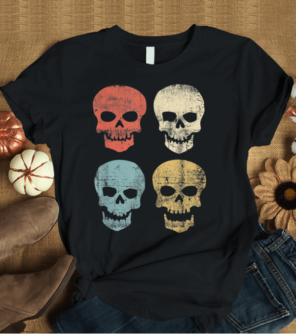 T-Shirt: Vintage Skull Pop Art Style Four Colored Skulls T-Shirt Vintage Skull Pop Art Style Four Colored Skulls T-Shirt