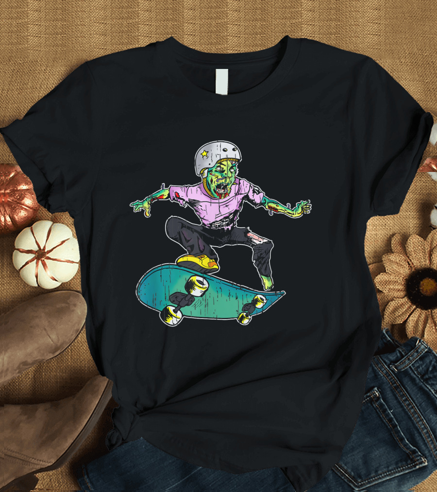 Zombie Halloween Skateboarder in Action with Helmet and Star T-Shirt
