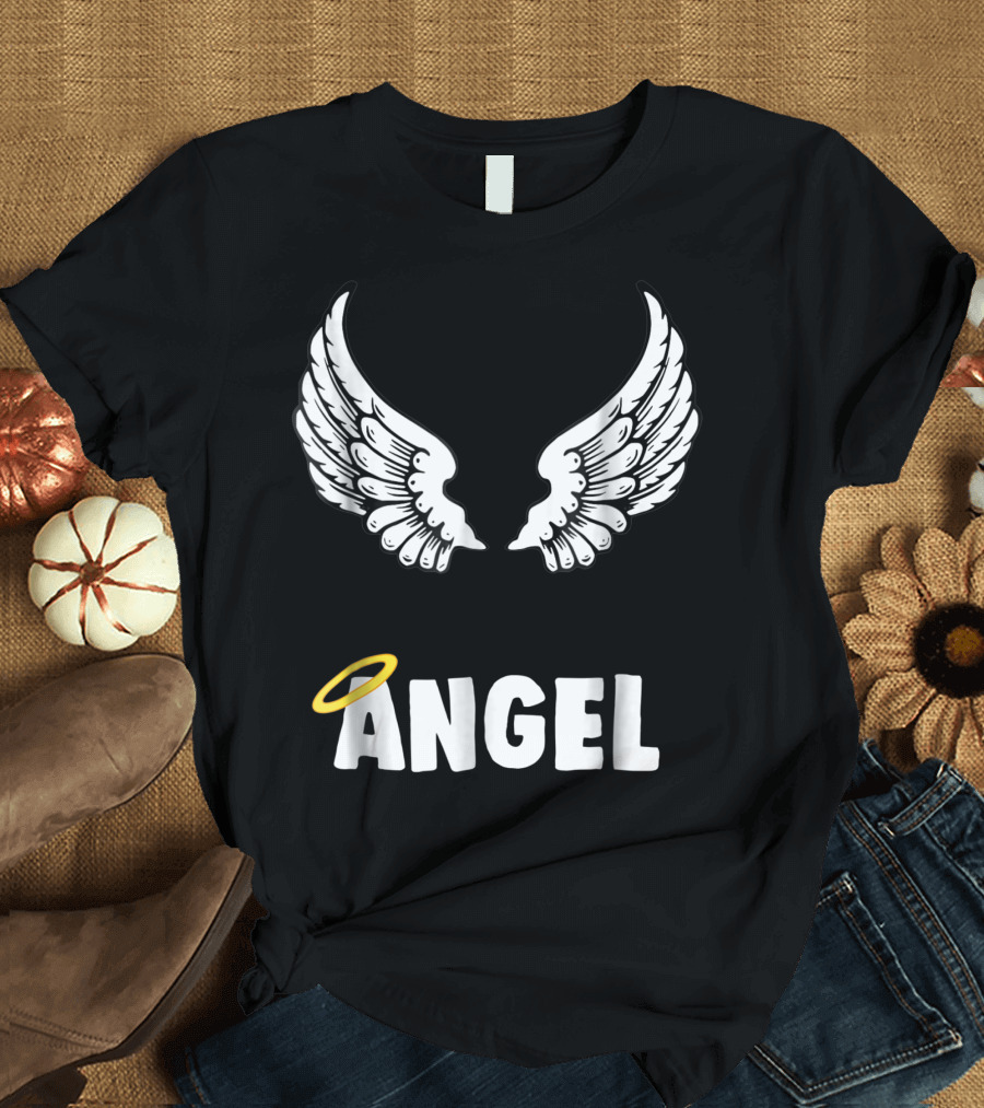 Couple Matching Halloween Costumes Angel Wing Design with Halo T-Shirt