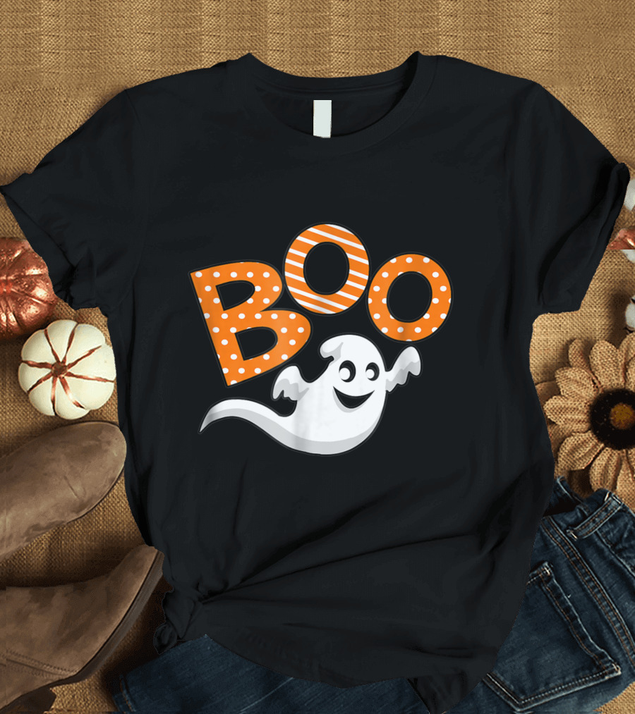 Boo Halloween Ghost with Polka Dots and Stripes T-Shirt