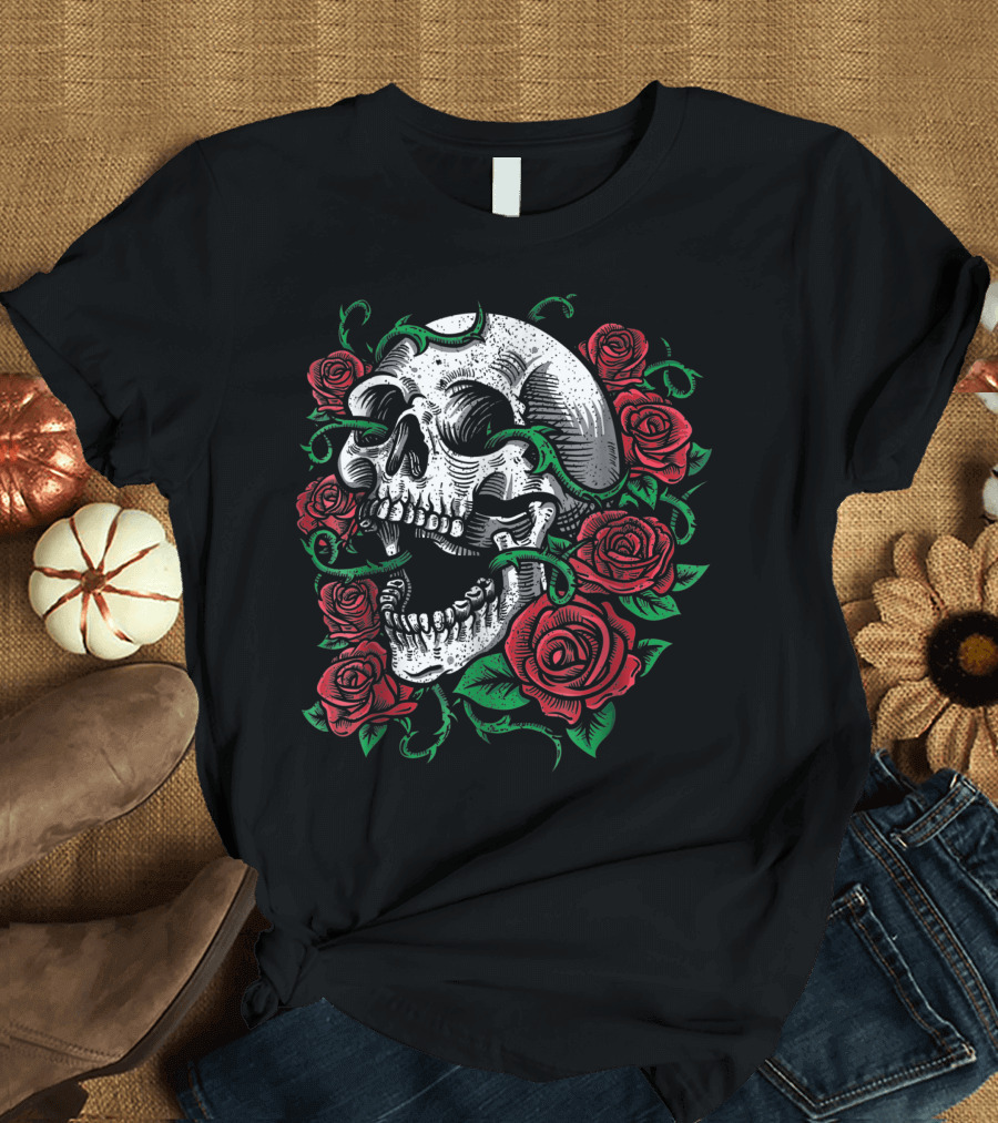 Halloween Skull Rose Skeleton with Red Roses and Green Vines T-Shirt