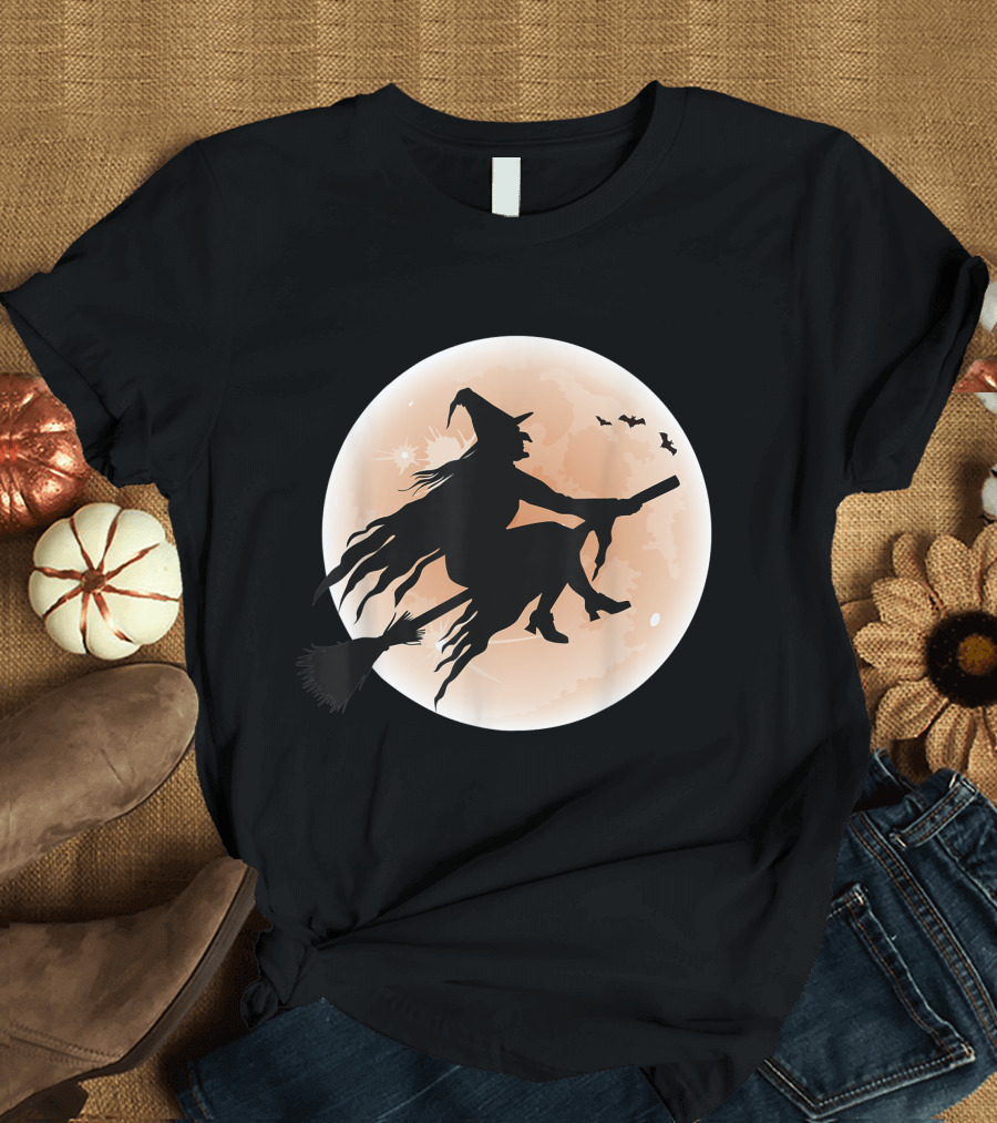 Halloween Full Moon Witch Flying with Bats T-Shirt