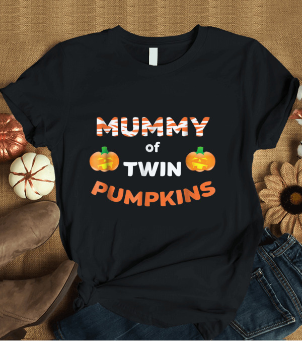 T-Shirt: Mummy of Twin Pumpkins Halloween Jack-O'-Lanterns Twins T-Shirt Mummy of Twin Pumpkins Halloween Jack-O'-Lanterns Twins T-Shirt