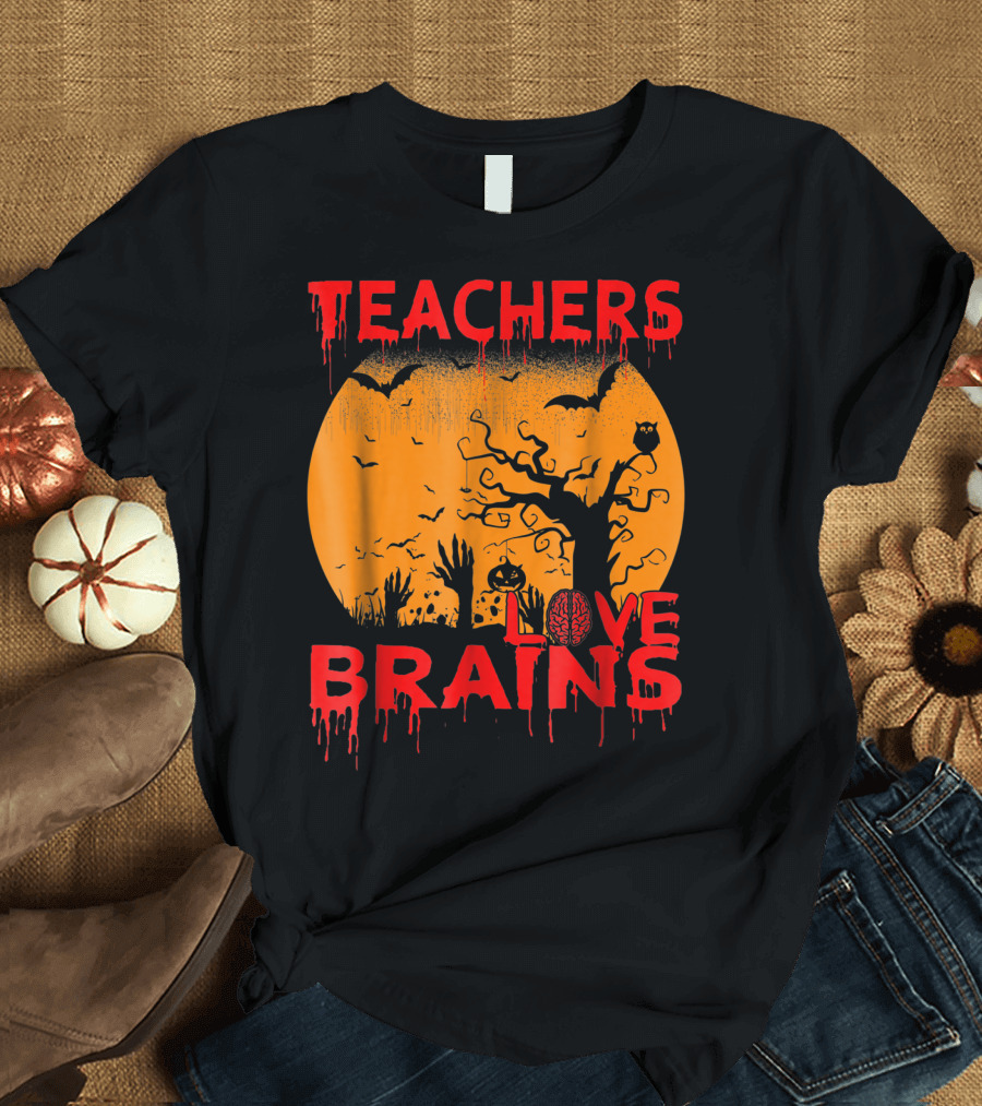 Teachers Love Brains Halloween Zombies and Bats T-Shirt