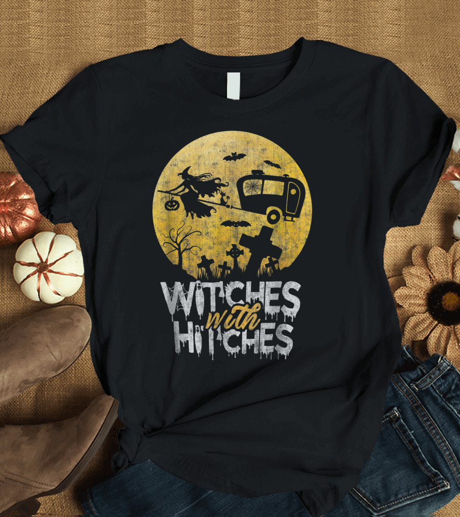 Witches With Hitches Halloween Camping Scene Moon Graveyard Bats T-Shirt