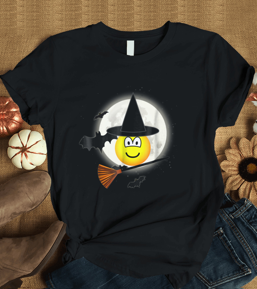 Witch Emoji Broomstick Full Moon Bat T-Shirt