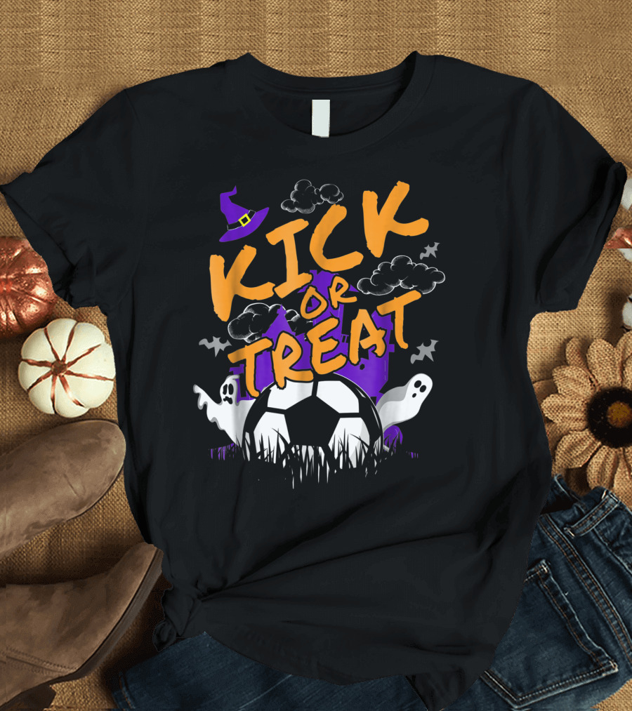 Kick Or Treat Halloween Soccer Player Ghosts and Witch Hat T-Shirt