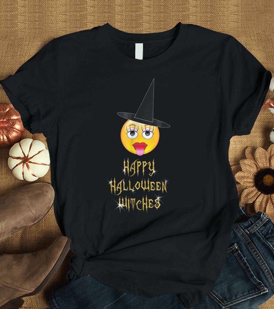 Happy Halloween Witches Funny Emoji Witch Hat Costume for Adults T-Shirt
