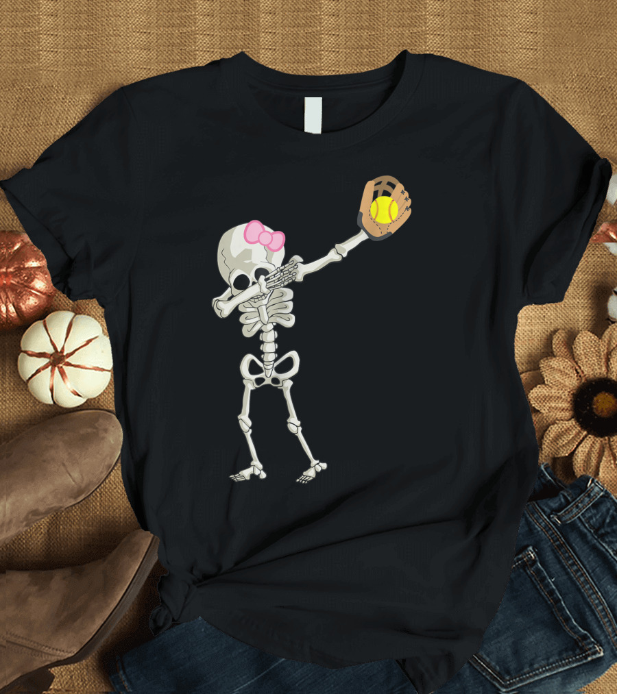 Bow Pink Halloween Skeleton Softball Dabbing Dance T-Shirt