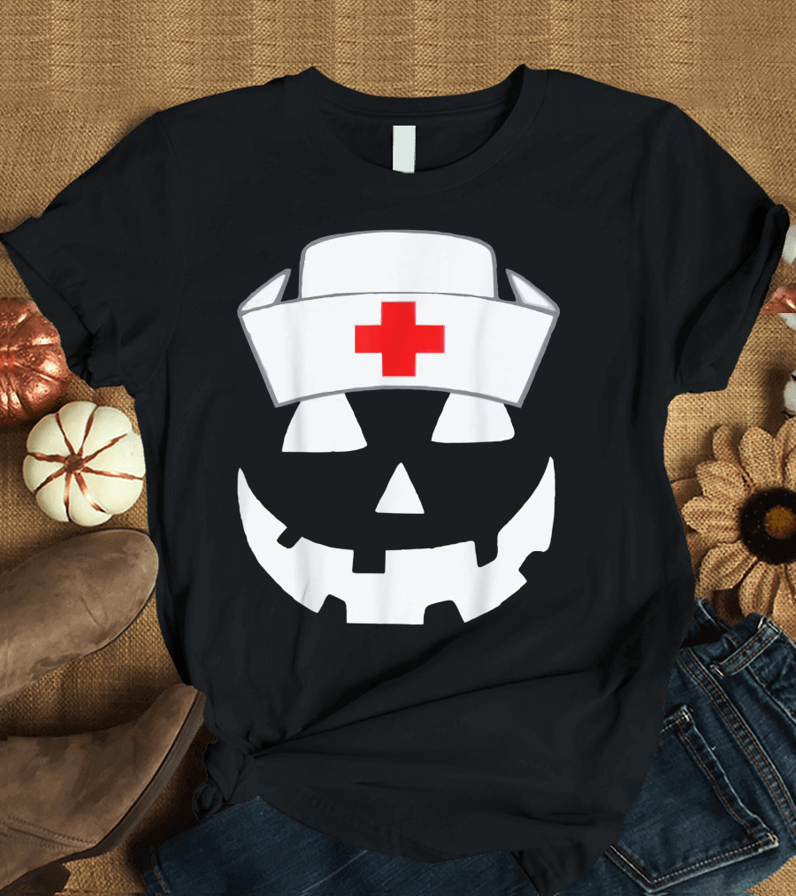 Halloween Pumpkin Nurse with Red Cross Hat T-Shirt