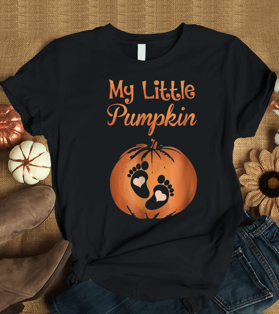 My Little Pumpkin Baby Shower Pregnancy Bump Footprints T-Shirt