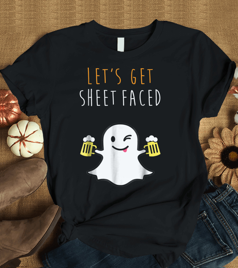 Let's Get Sheet Faced Winking Ghost with Beer Mugs Halloween T-Shirt