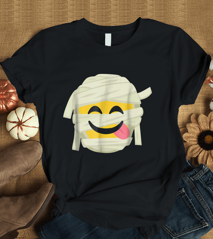 Mummy Emoji Tongue Out Wrapped in Bandages Halloween Face T-Shirt