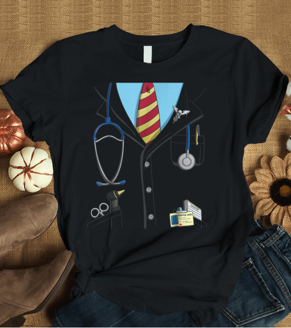 T-Shirt: Funny Doctor Lab Coat Uniform with Stethoscope and Hospital Card T-Shirt Funny Doctor Lab Coat Uniform with Stethoscope and Hospital Card T-Shirt