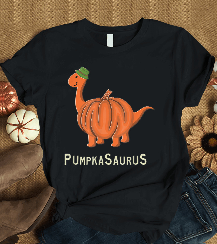 Pumpkasaurus Pumpkin Dinosaur with Green Hat T-Shirt