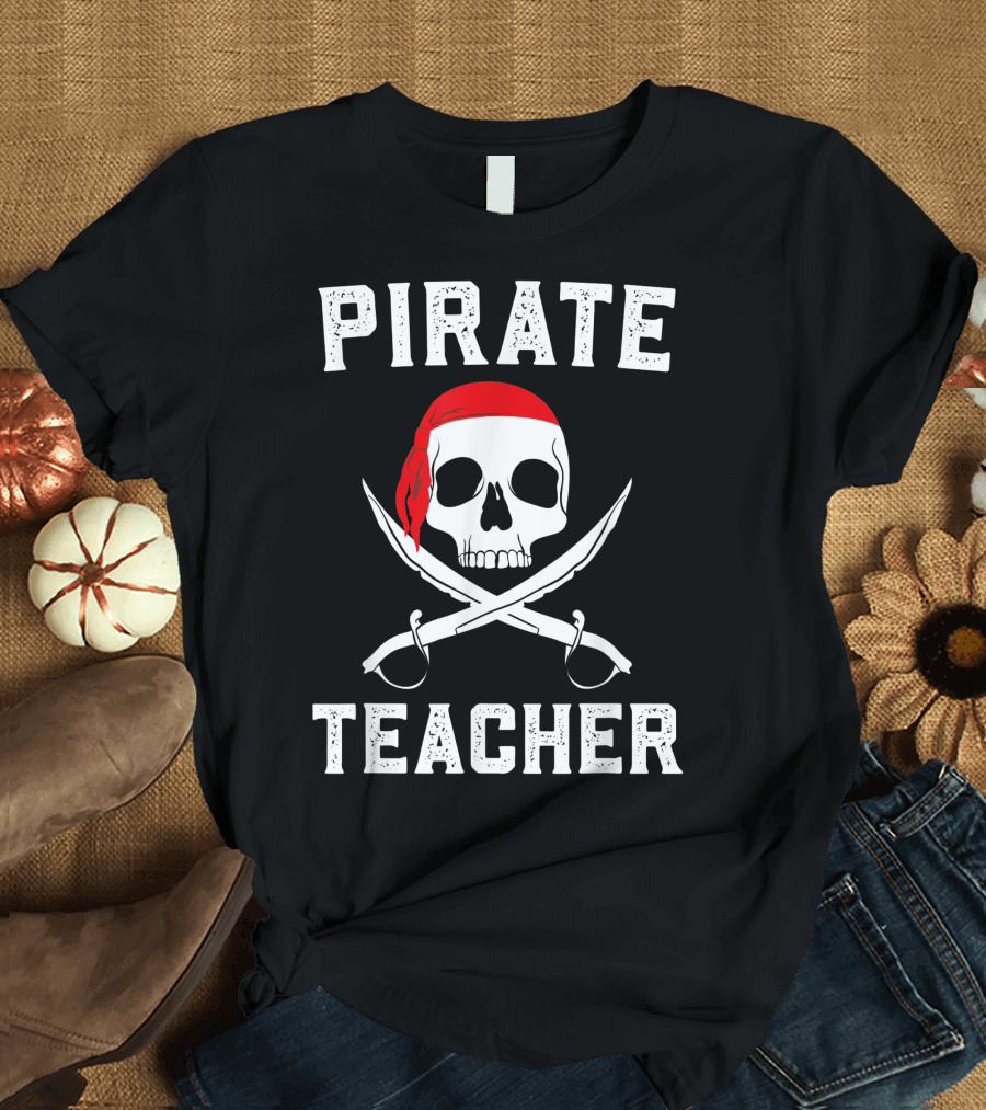 Pirate Teacher Skull with Red Bandana and Crossed Swords T-Shirt