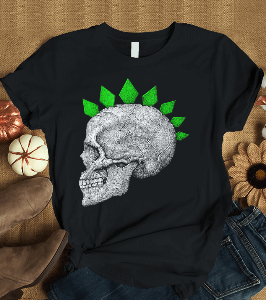 Halloween Skull Skeleton Head with Green Mohawk Spikes T-Shirt