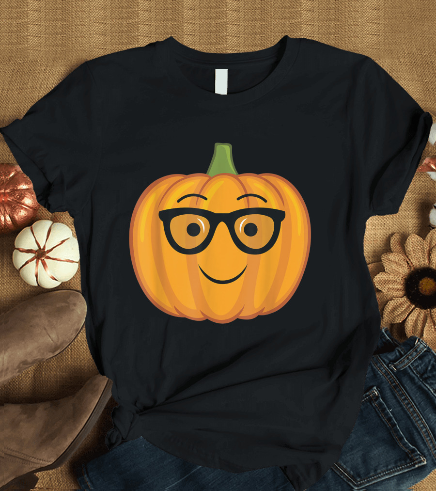 Nerdy Pumpkin Emoji Wearing Glasses with Smiling Face T-Shirt