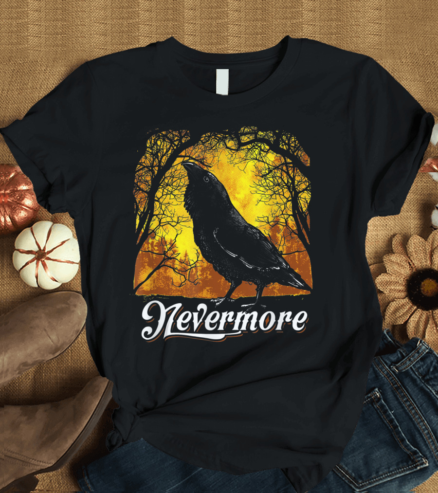 Nevermore Raven in Spooky Forest Setting T-Shirt
