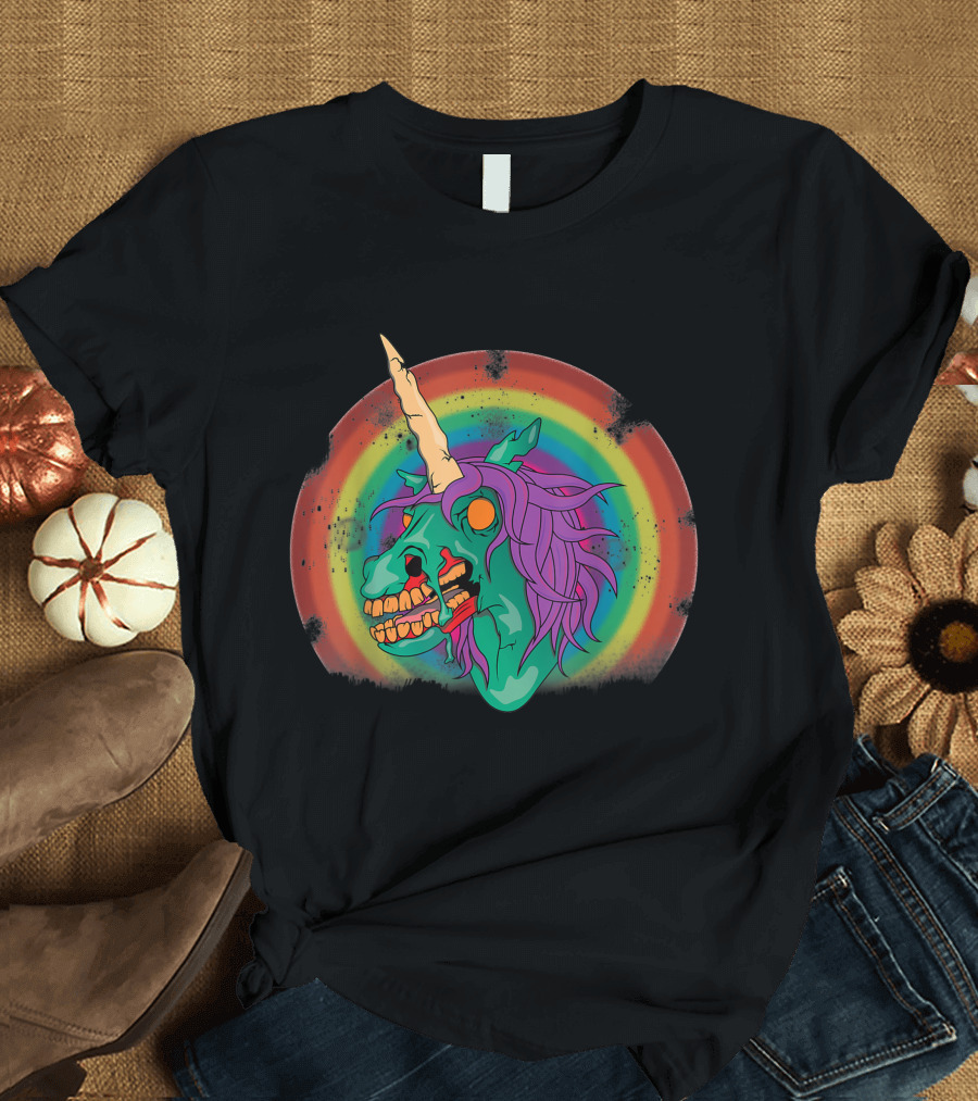 Zombie Unicorn Head with Rainbow Mane T-Shirt