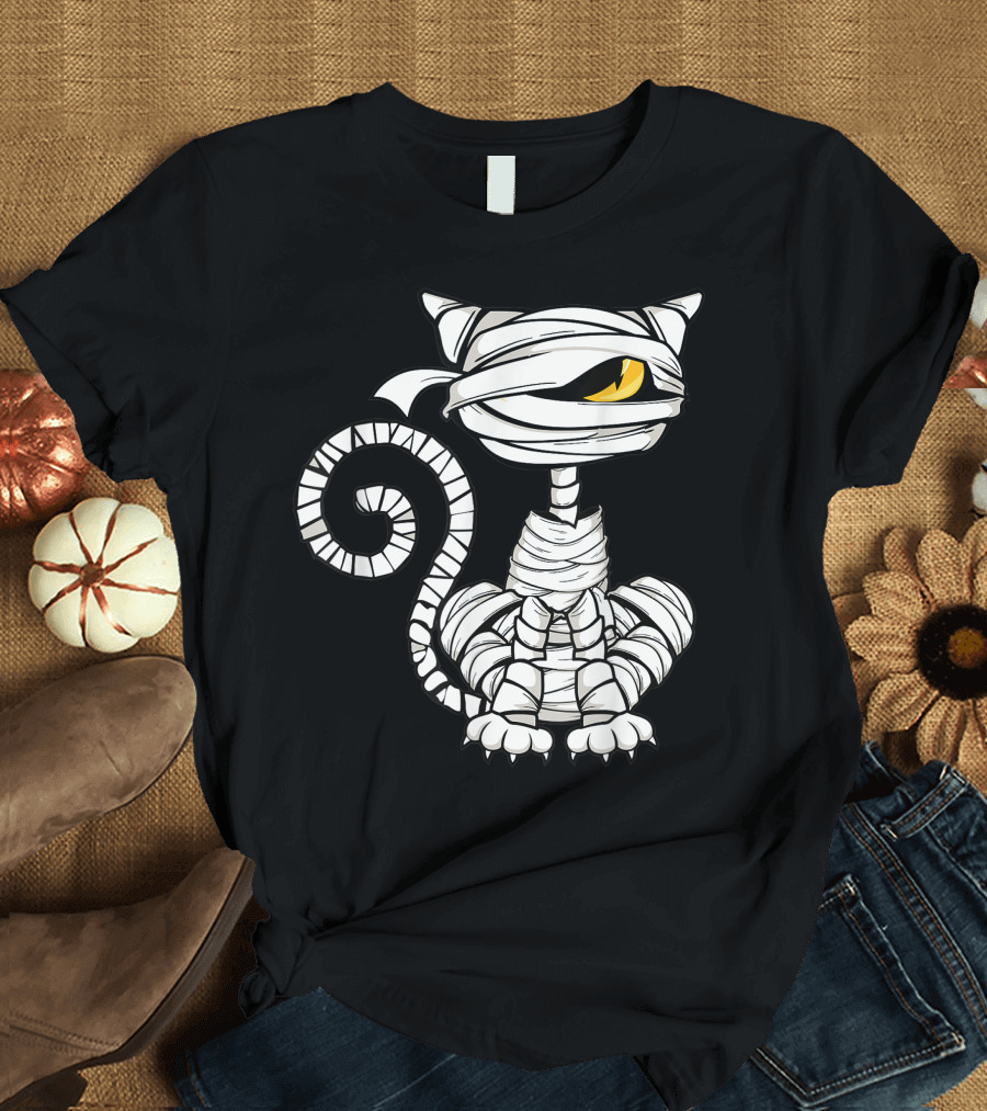 Black Cat Mummy Halloween Drawing Enthusiast Mummy Cat Wrapping Eye Tail T-Shirt