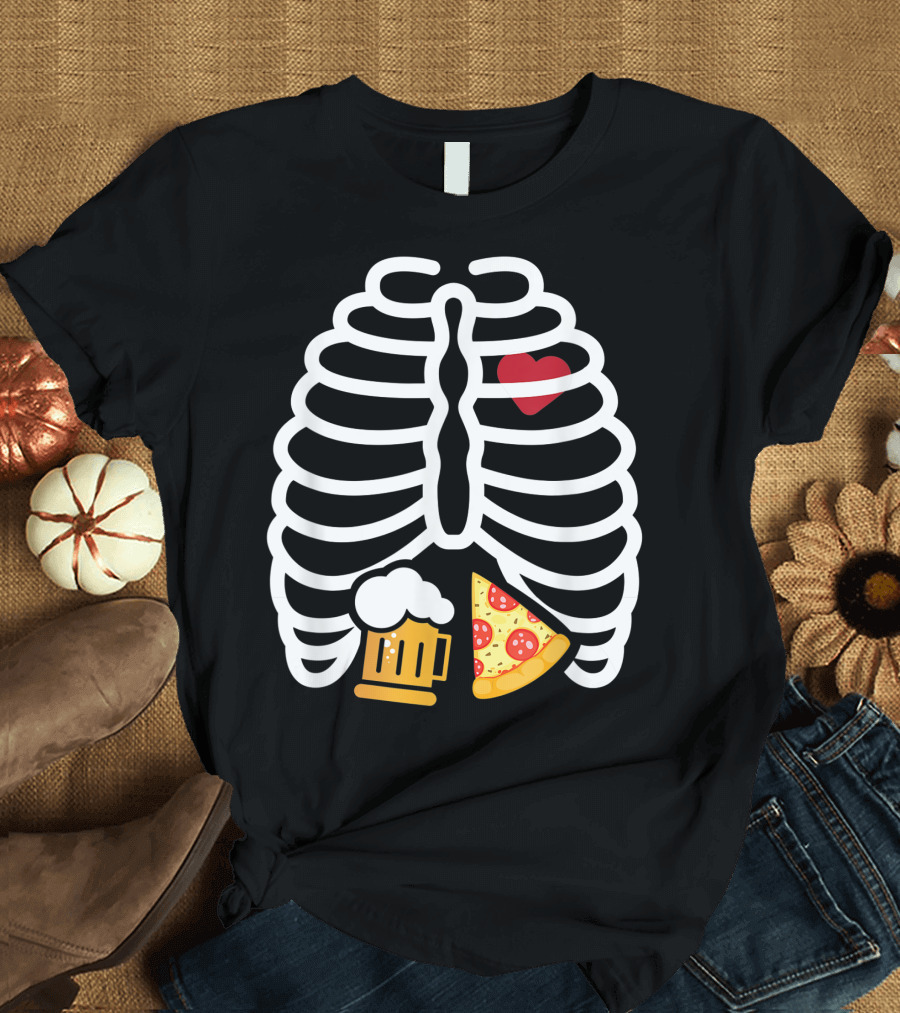 Skeleton Rib Cage Heart Beer Pizza T-Shirt