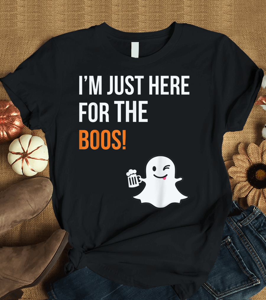 I'm Just Here for the Boos Winking Ghost with Beer Mug Halloween T-Shirt