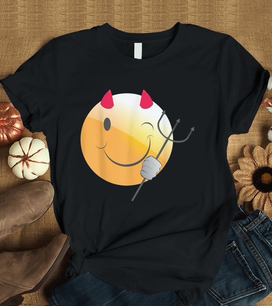 Cute Devil Winking Emoji with Pitchfork T-Shirt