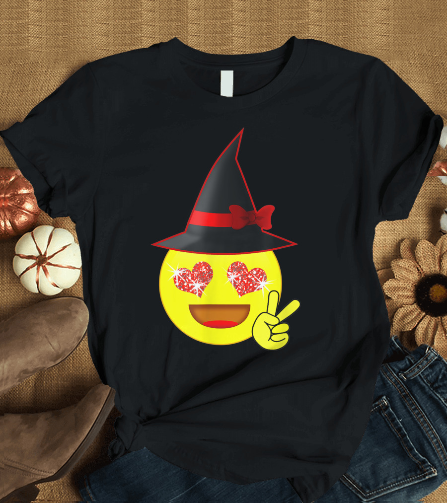 Halloween Witch Heart Eyes Emoji Peace Sign Hat Bow T-Shirt