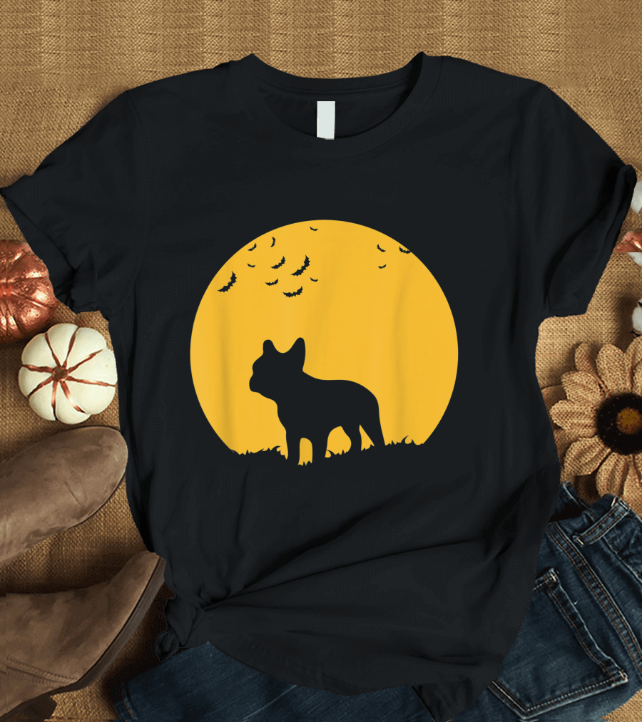 French Bulldog Silhouette Full Moon Halloween Bats T-Shirt