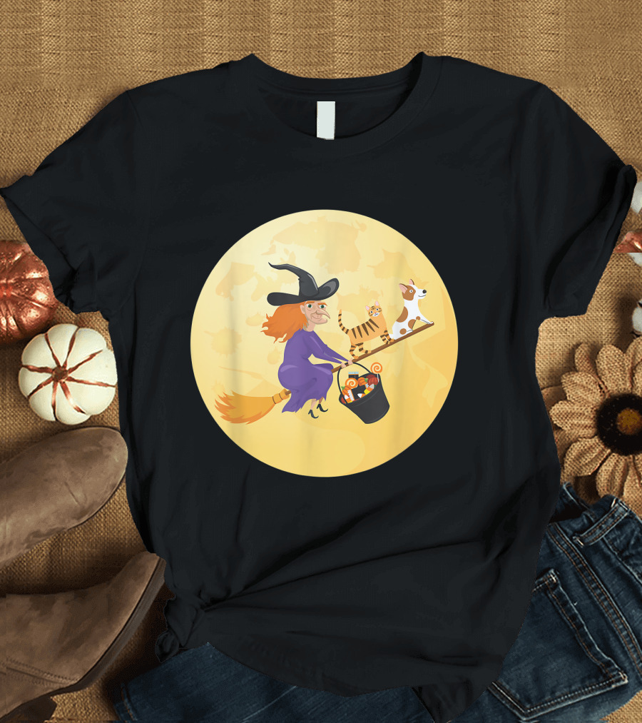 Fun Room On A Broom Witch Cat Dog Candy T-Shirt