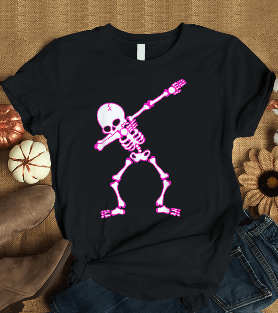 Dabbing Skeleton Kids Bones Halloween Pink Dance Pose T-Shirt