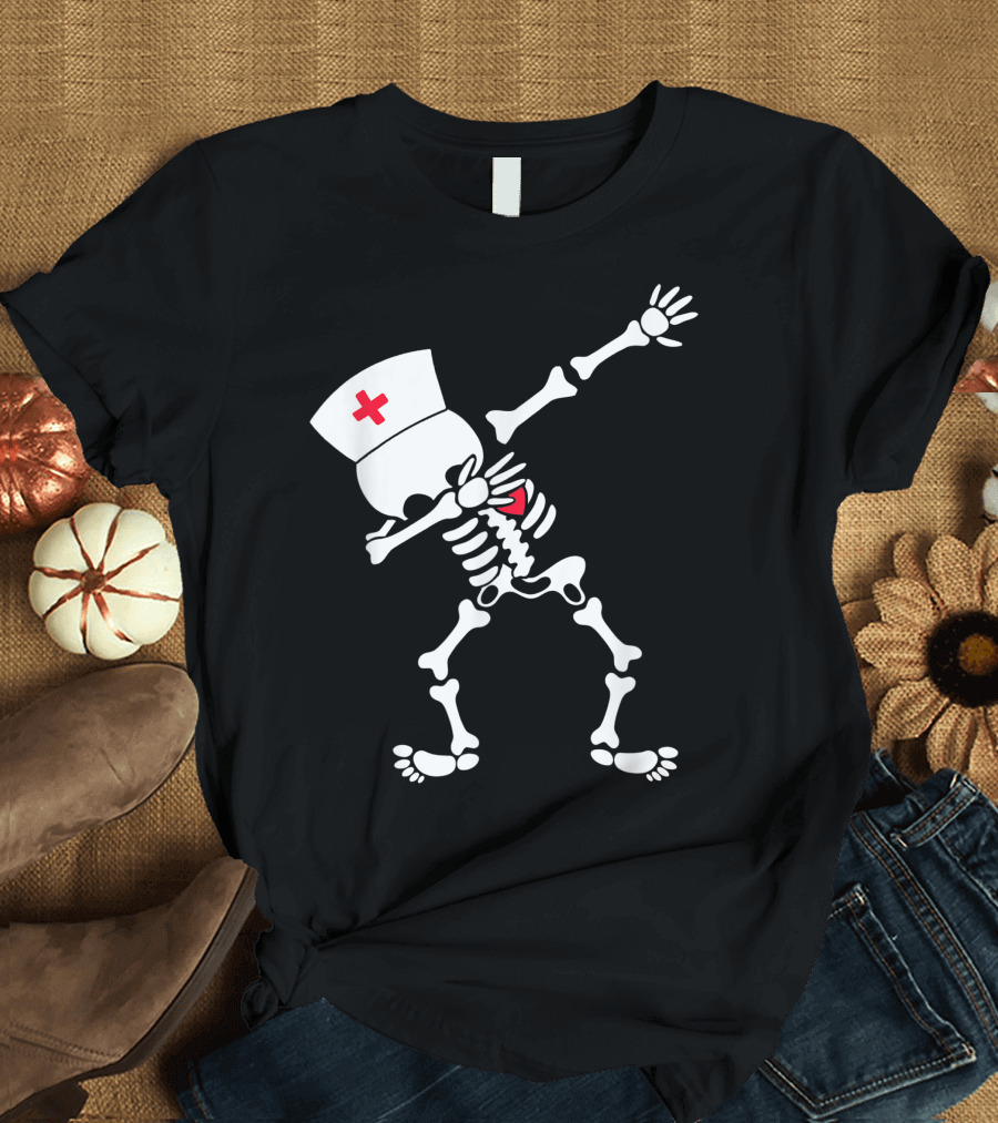 Dabbing Skeleton Nurse Halloween Costume with Nurse Hat and Red Cross T-Shirt