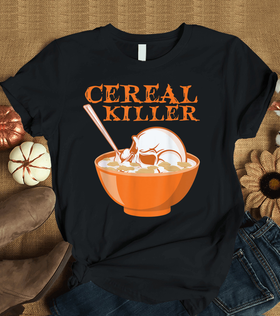 Cereal Killer Skull in Bowl with Spoon Pun T-Shirt
