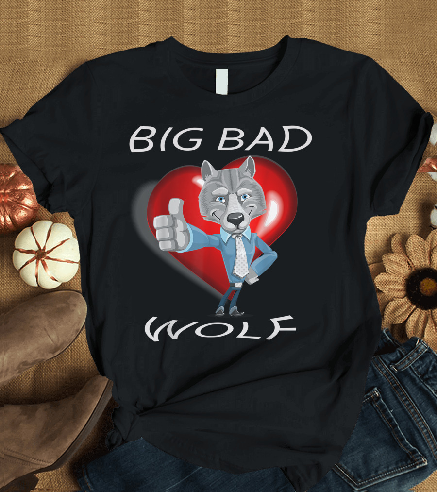 Big Bad Wolf in Suit with Heart Background T-Shirt