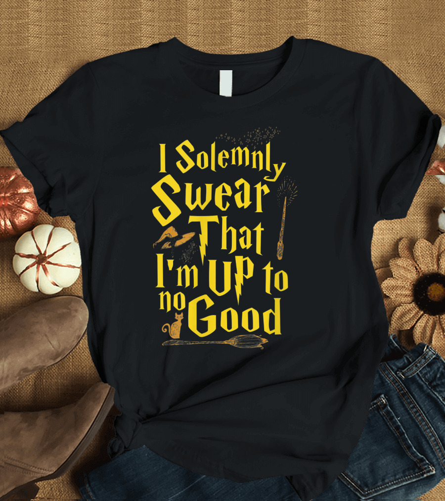 I Solemnly Swear That I'm Up To No Good Magic Wand Hat Cat Broomstick T-Shirt