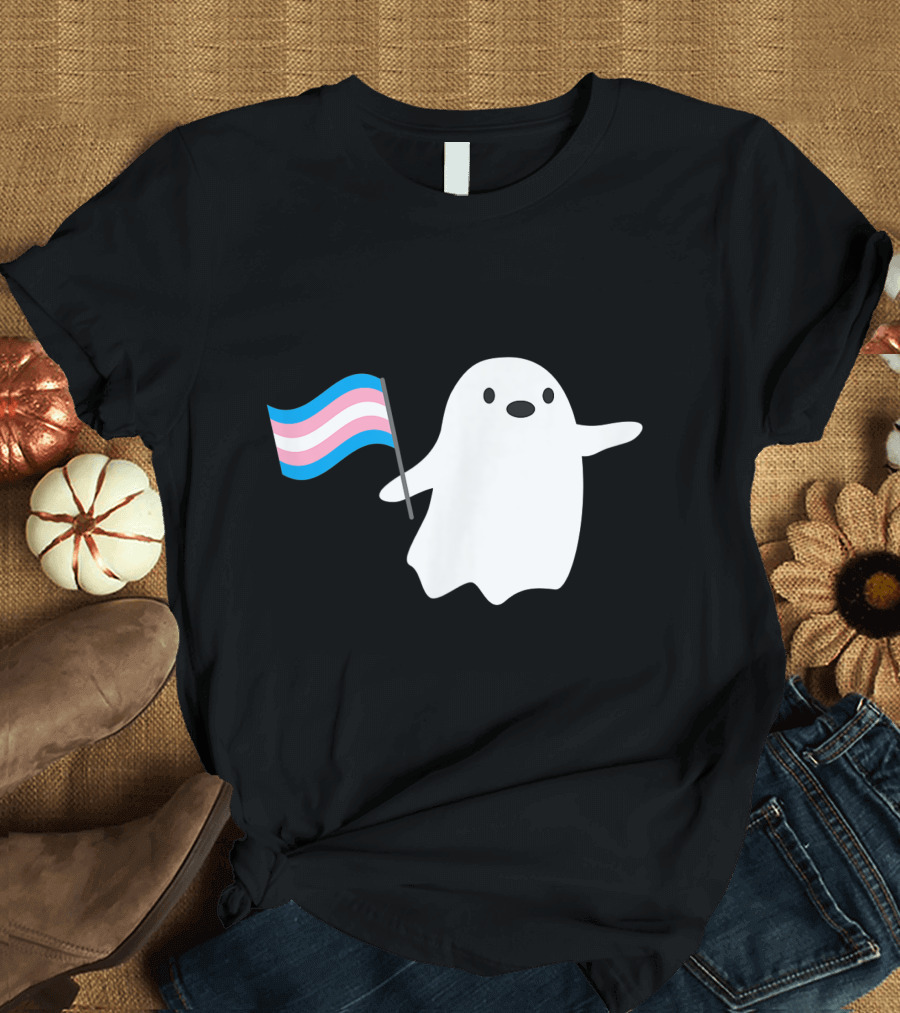 Spooky Ghost Holding Transgender Pride Flag Halloween T-Shirt