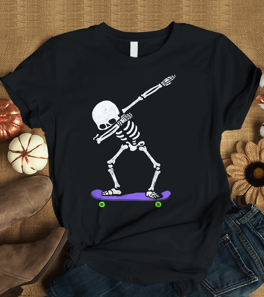 Halloween Skeleton Dabbing on Purple Skateboard T-Shirt