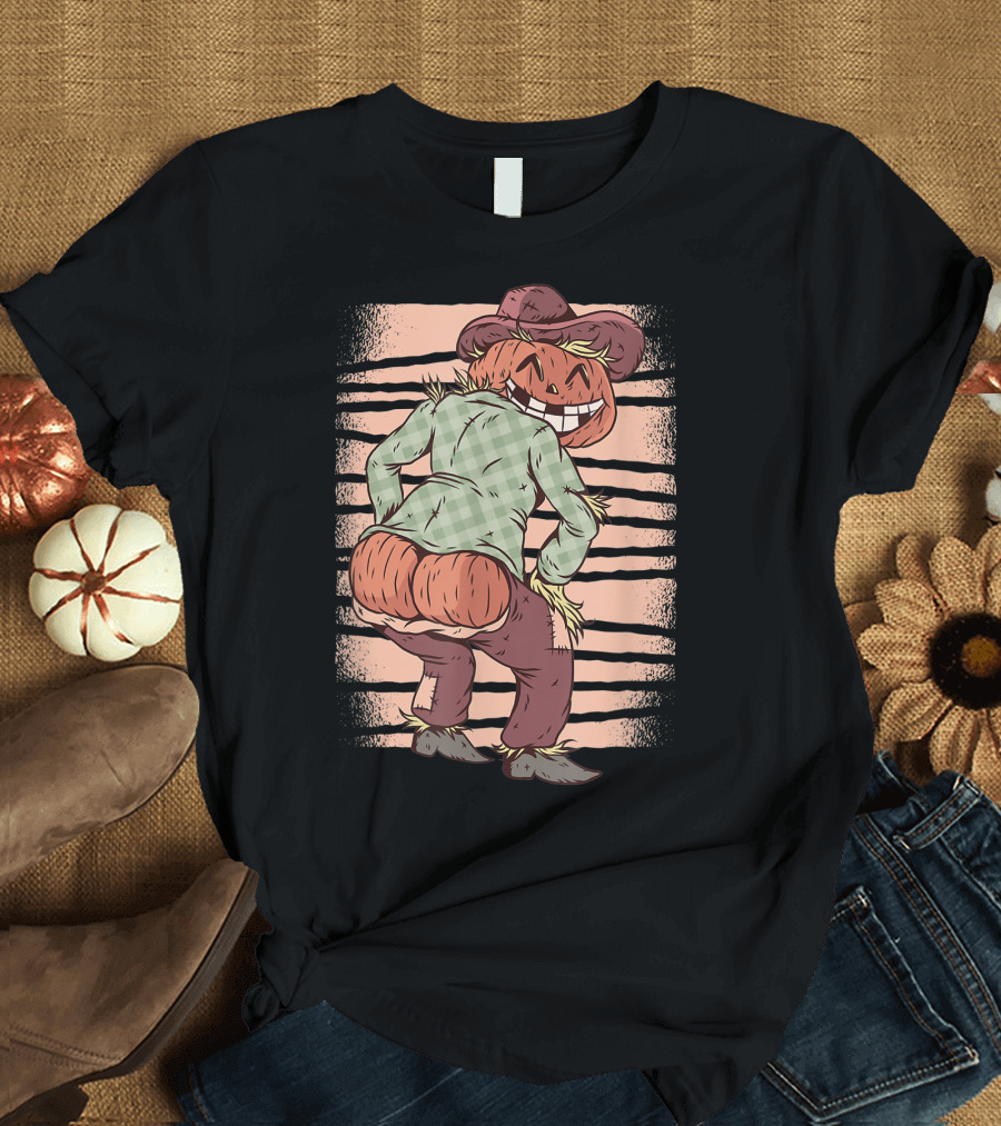Scarecrow Pumpkin Flashing Cheeky Grin and Backside T-Shirt