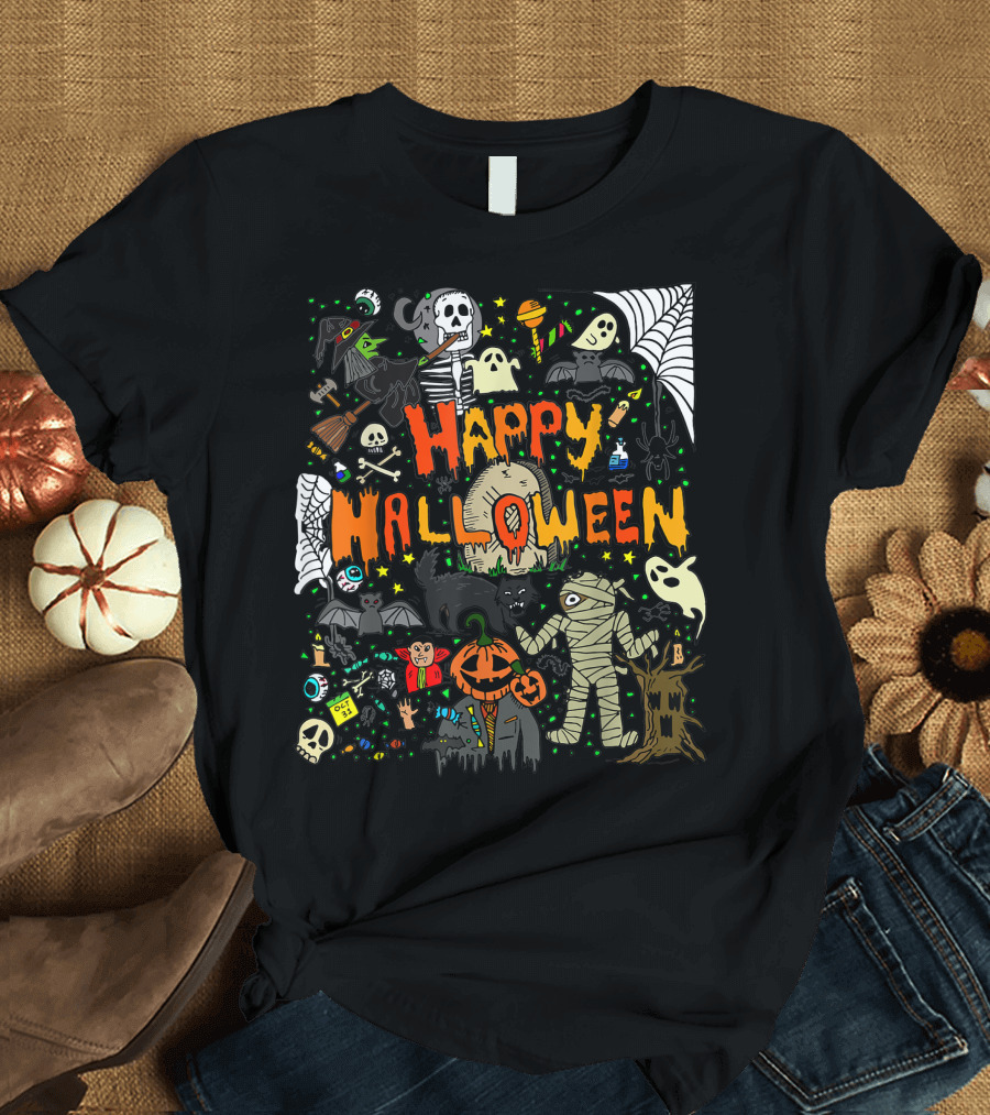 Happy Halloween Scary Ghosts Zombies Skulls Mummy Witch Bats Spider Webs T-Shirt