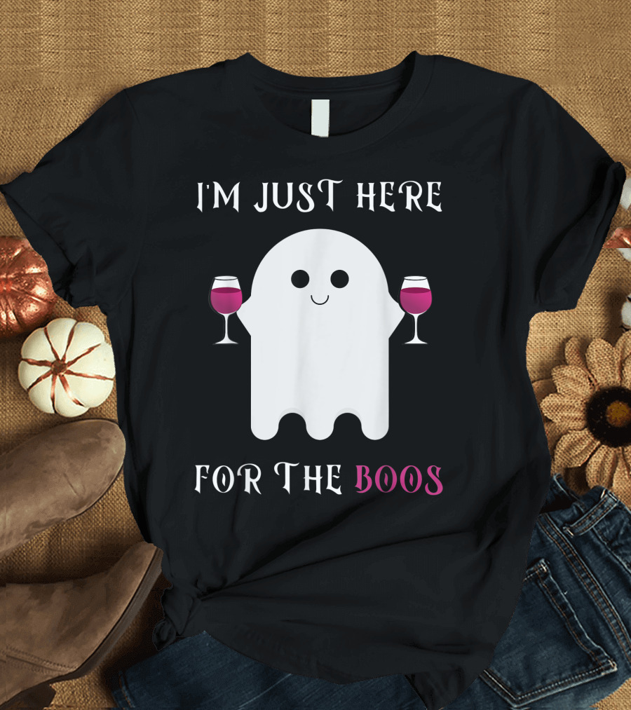 I'm Just Here For The Boos Cute Ghost with Wine Glasses Halloween T-Shirt