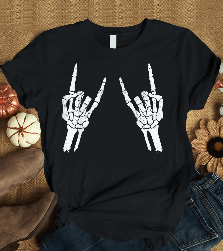Halloween Skeleton Rocker Bone Hand Gesture T-Shirt