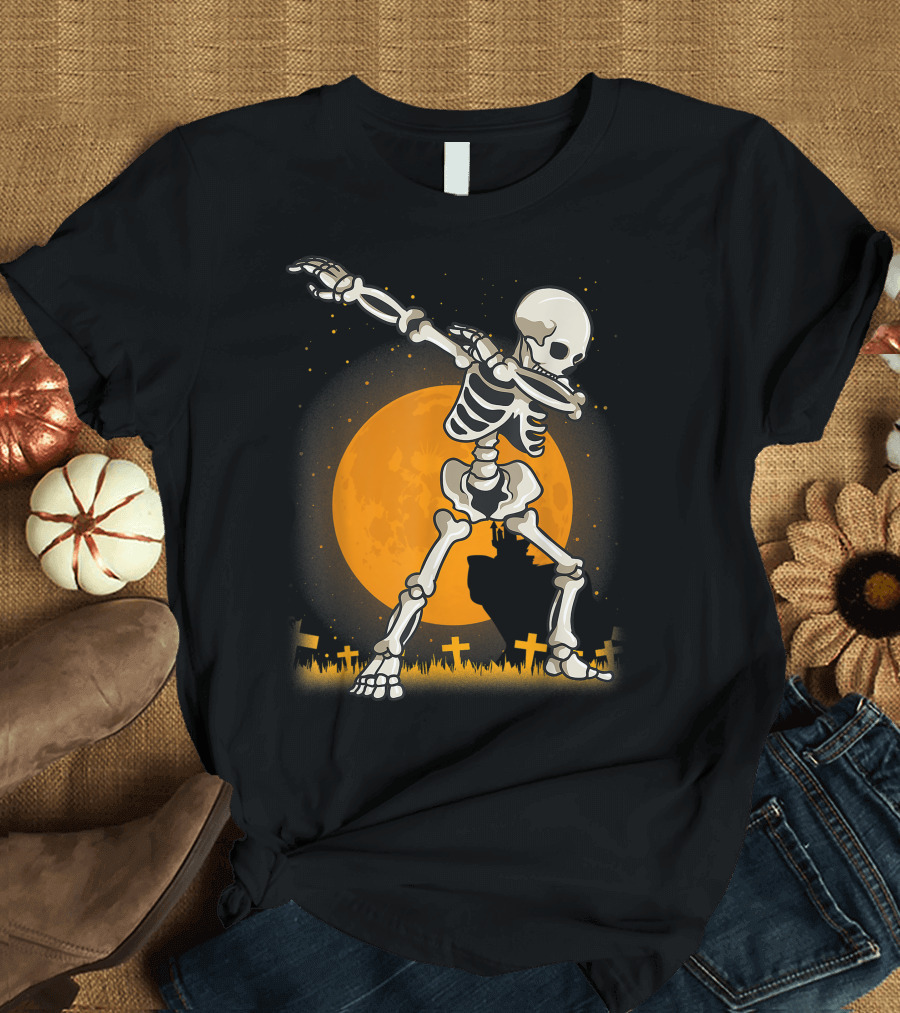 Dabbing Skeleton Halloween Costume with Full Moon Cemetery Scene T-Shirt