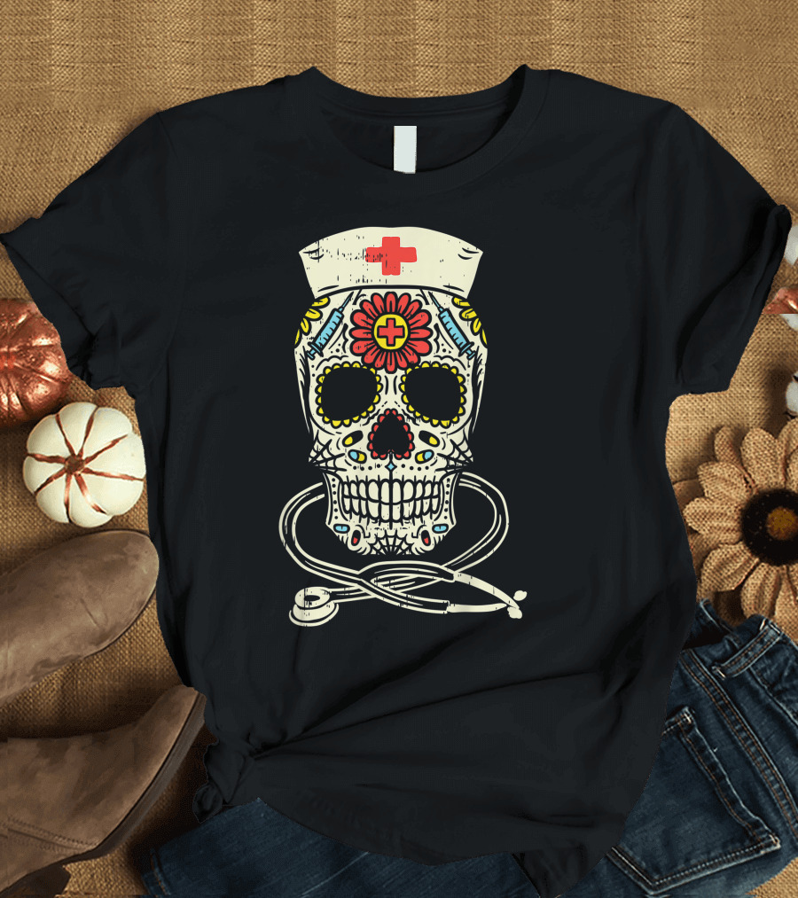 Nurse Sugar Skull with Stethoscope RN Medical Halloween T-Shirt