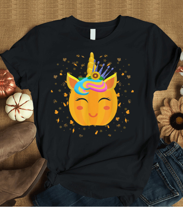 T-Shirt: Halloween Unicorn Pumpkin Cute Thanksgiving Girls Boys Colorful Magic Leaves T-Shirt Halloween Unicorn Pumpkin Cute Thanksgiving Girls Boys Colorful Magic Leaves T-Shirt