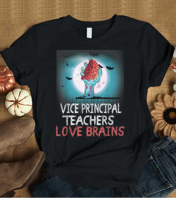 T-Shirt: Vice Principal Teachers Love Brains Halloween Zombie Hand with Bats and Moon T-Shirt Vice Principal Teachers Love Brains Halloween Zombie Hand with Bats and Moon T-Shirt