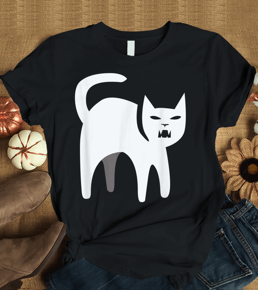 Scary Cat Iconic White Silhouette with Fierce Expression T-Shirt