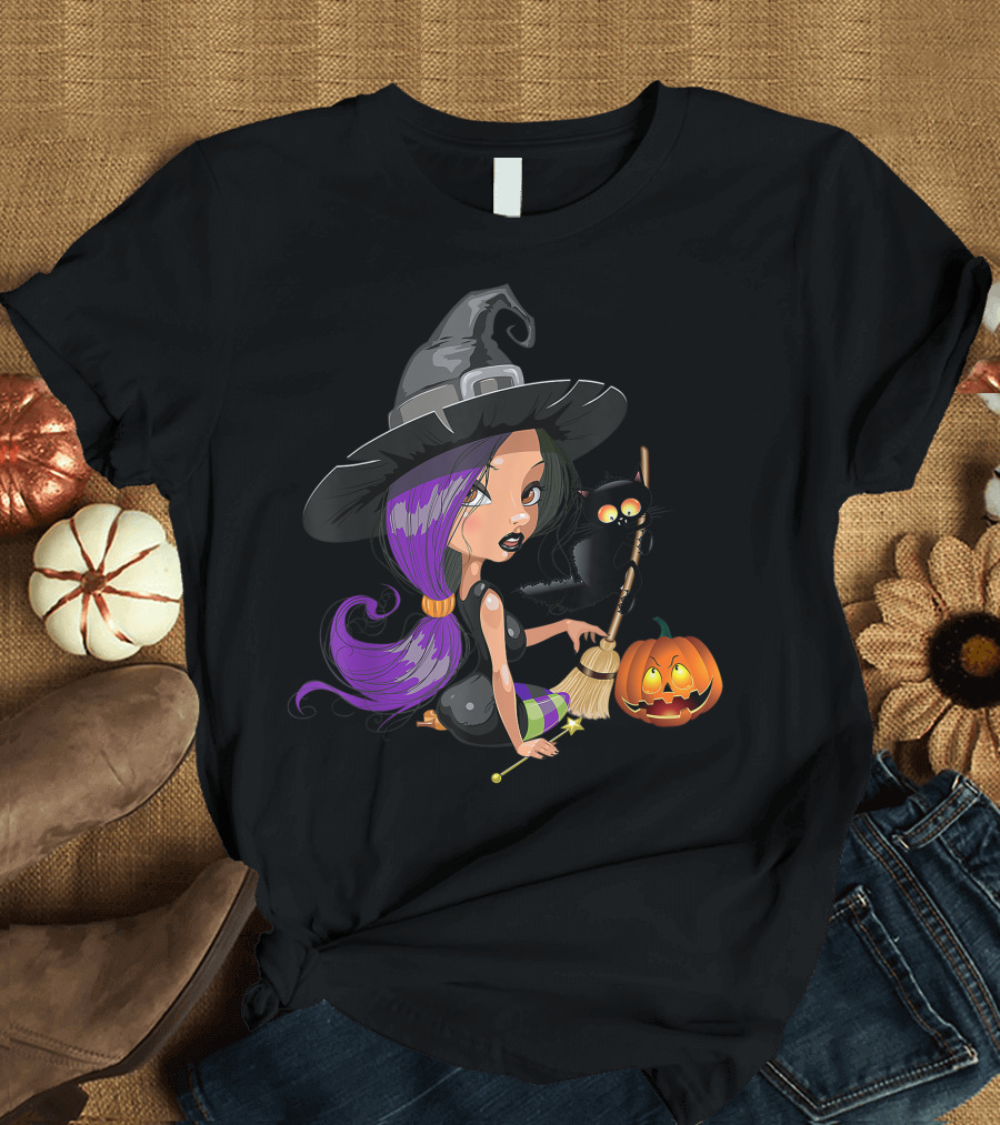 Funny Witch Broom Cat Pumpkin Halloween Women Magic T-Shirt