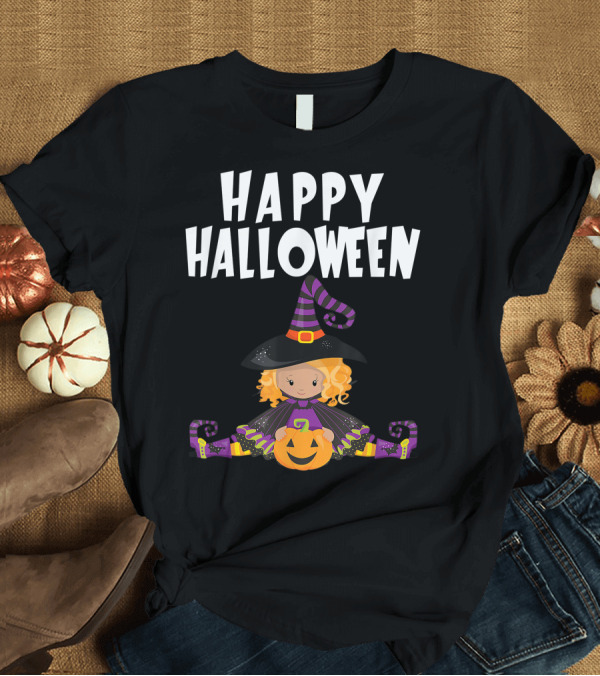 T-Shirt: Happy Halloween Funny Yoga Blonde Witch Pose with Pumpkin and Striped Hat T-Shirt Happy Halloween Funny Yoga Blonde Witch Pose with Pumpkin and Striped Hat T-Shirt